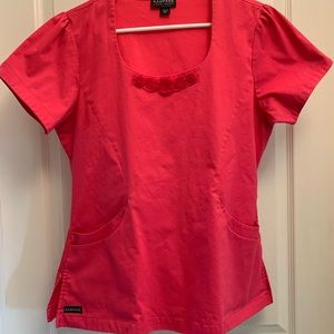 Womens scrub set, medium. Pink with rosettes and satin trim